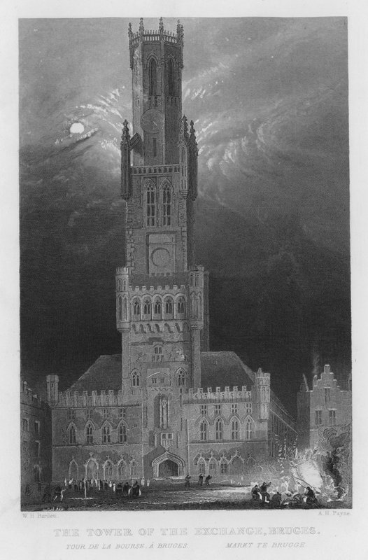 Børsens tårn, Brugge (gravering) af William Henry Bartlett