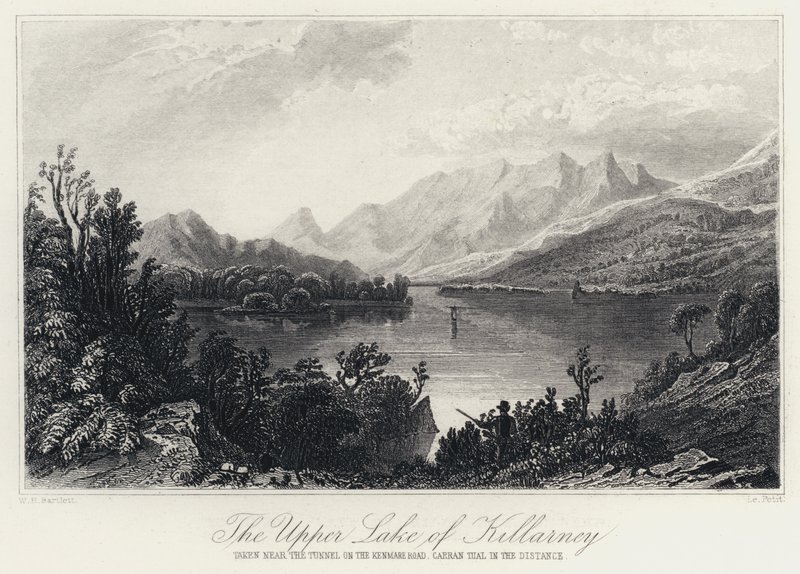 The Upper Lake of Killarney, taget nær tunnelen på Kenmare Road, Carran Tual i det fjerne (gravering) af William Henry Bartlett