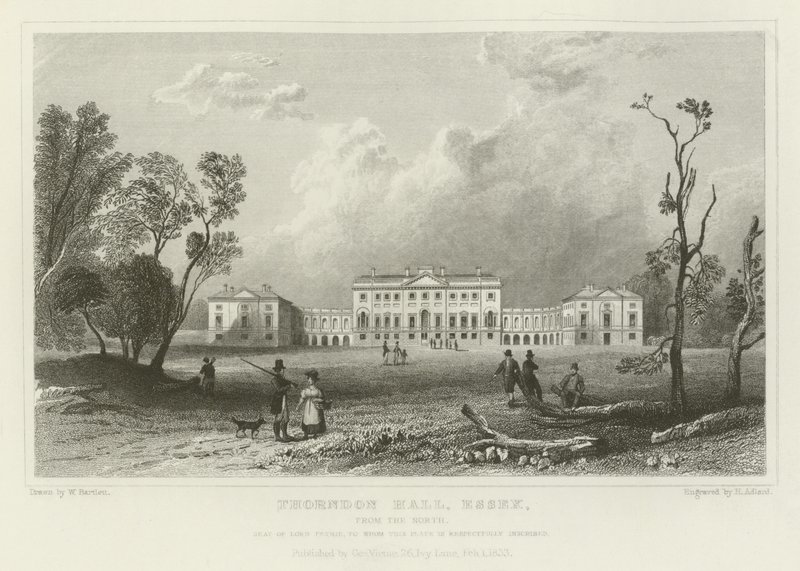 Thorndon Hall, Essex, fra nord, sæde for Lord Petrie af William Henry Bartlett
