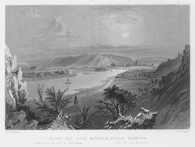 Udsigt over Meuse, nær Namur (gravering) af William Henry Bartlett