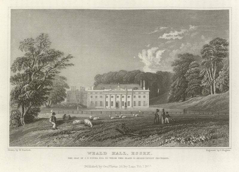 Weald Hall, Essex, sæde for C T Tower, Esquire af William Henry Bartlett