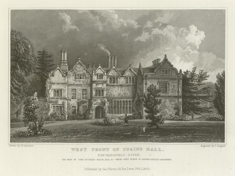 Vestfacaden af Spains Hall, Finchingfield, Essex, sæde for John Ruggles Brice, Esquire af William Henry Bartlett