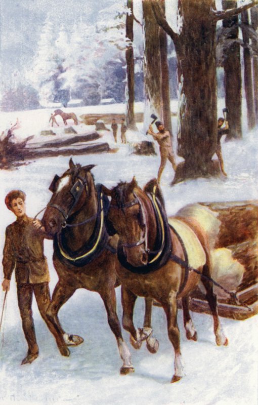 "Nogle beskæftigede sig med at fælde træer, andre med heste, der trækker stammerne, placeret på slæder, over den hårde sne" (farve litho) af William Henry Charles Groome