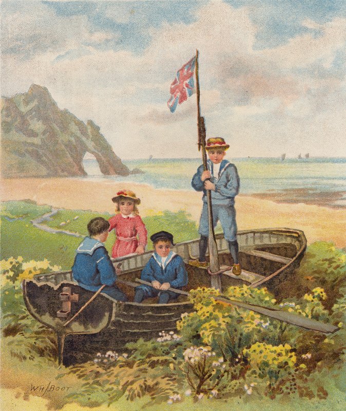 Børn leger i en båd på stranden (chromolitho) af William Henry James (after) Boot