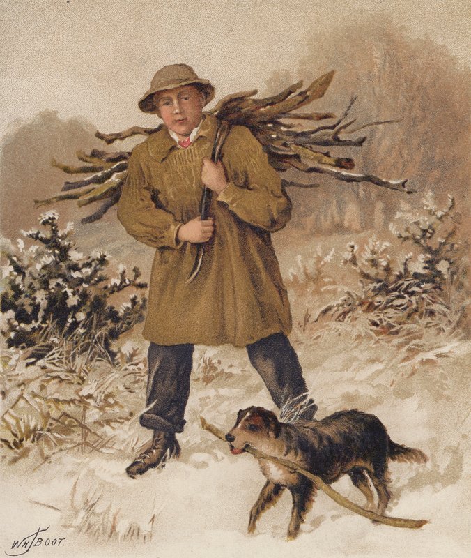 Mand og hund samler brænde (chromolitho) af William Henry James (after) Boot
