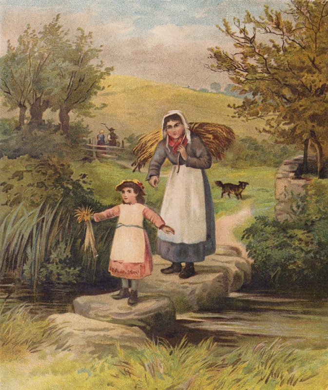Kvinde og pige krydser et vandløb over trædesten (chromolitho) af William Henry James (after) Boot