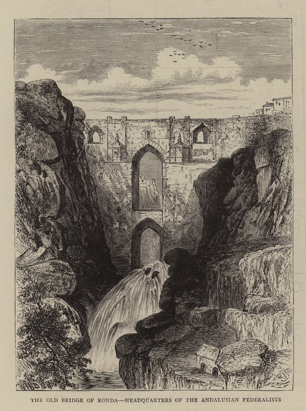 Den gamle bro i Ronda, hovedkvarteret for de andalusiske føderalister af William Henry James Boot