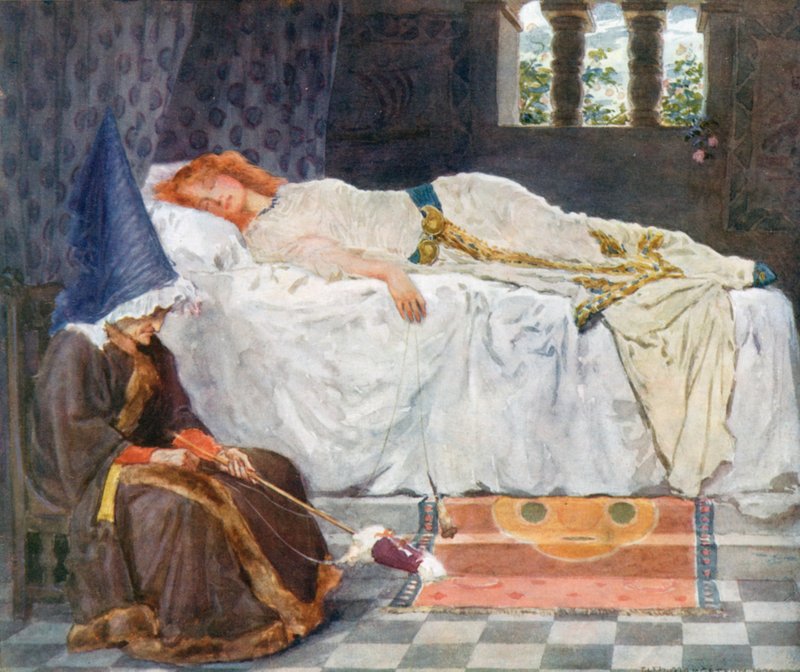 Hendes øjne var lukkede, og hendes hår, der var berørt af solskinnet, lå som guldtråde på den sneklædte pude. af William Henry Margetson