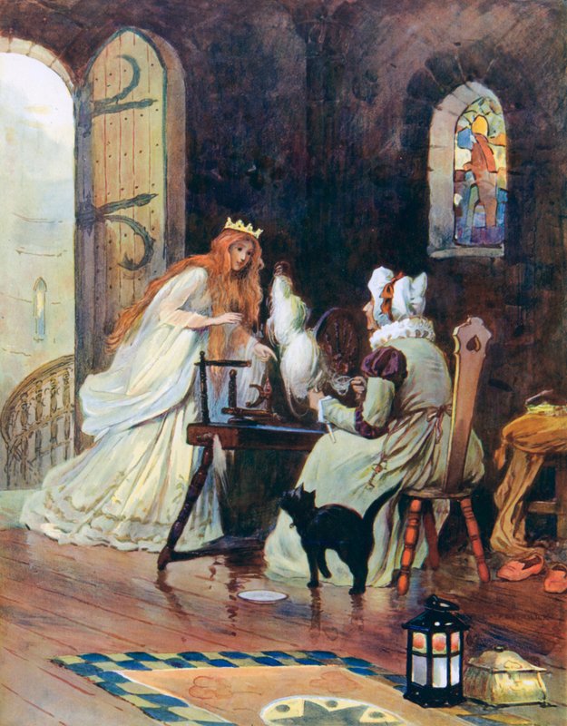 Hun gik op ad trappen, og øverst fandt hun et lille værelse, hvor en gammel dame sad og snurrede af William Henry Margetson