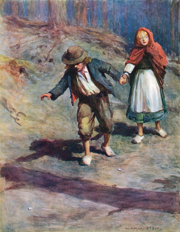 De fandt ret nemt hjem, for månen skinnede klart på småstenene, som Hansel havde tabt forresten af William Henry Margetson