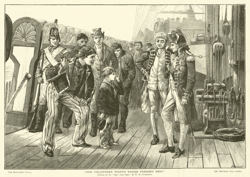 En frivillig til en værdi af tre pressede mænd (gravering) af William Heysham (after) Overend