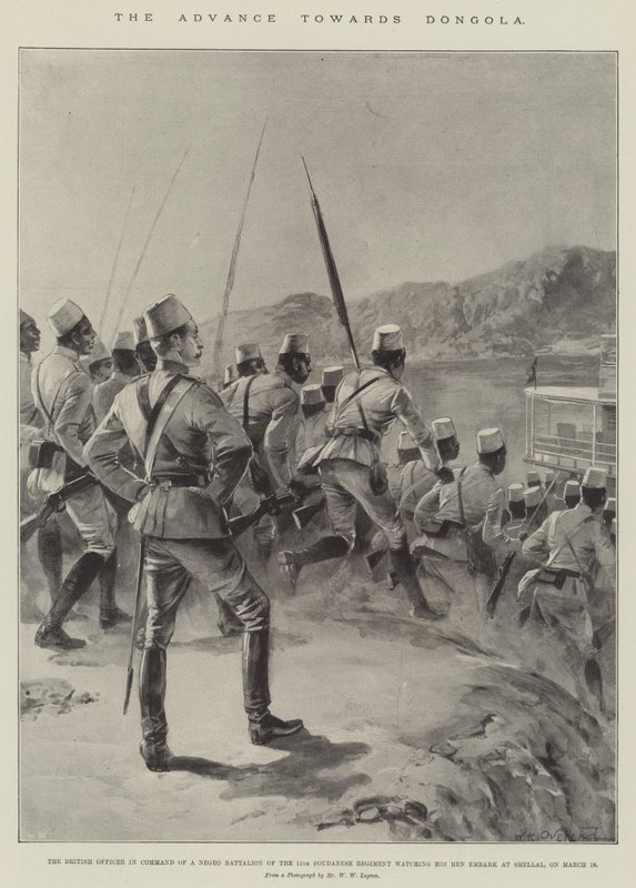 Fremrykningen mod Dongola, den britiske officer i kommando af en negerbataljon fra det 11. soudanesiske regiment, der ser sine mænd gå om bord i Shellal, den 18. marts (litho) af William Heysham (after) Overend