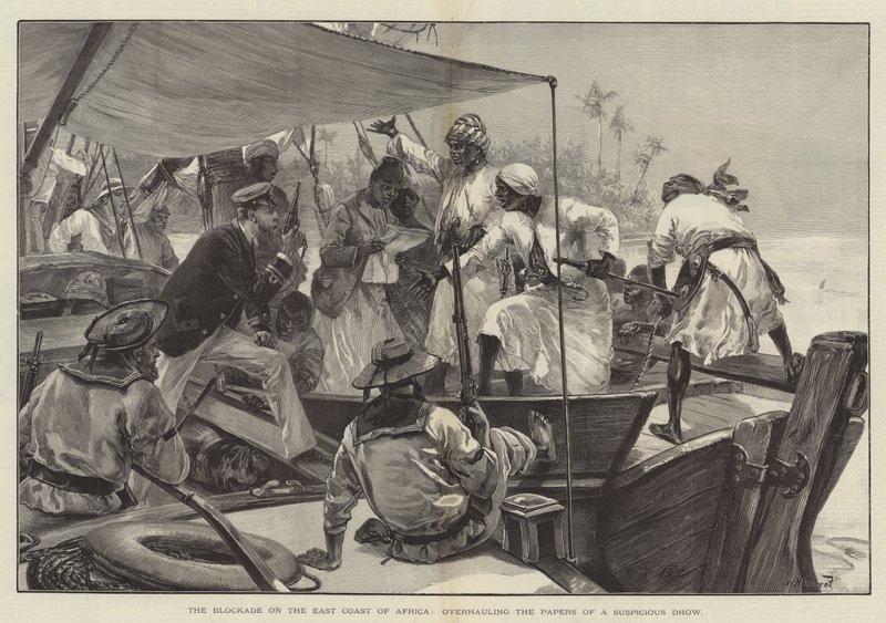 Blokaden på Afrikas østkyst, eftersyn af papirerne fra en mistænkelig Dhow (gravering) af William Heysham (after) Overend