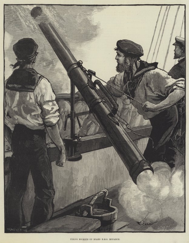 Affyring af raketter om bord på HMS Monarch af William Heysham Overend
