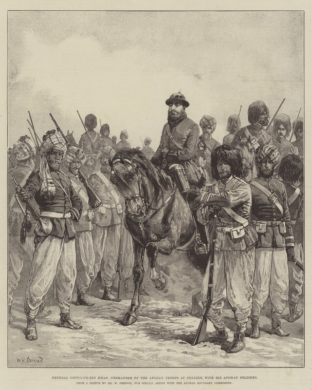 General Ghous-ud-din Khan, kommandør for de afghanske tropper i Penjdeh, med sine afghanske soldater af William Heysham Overend