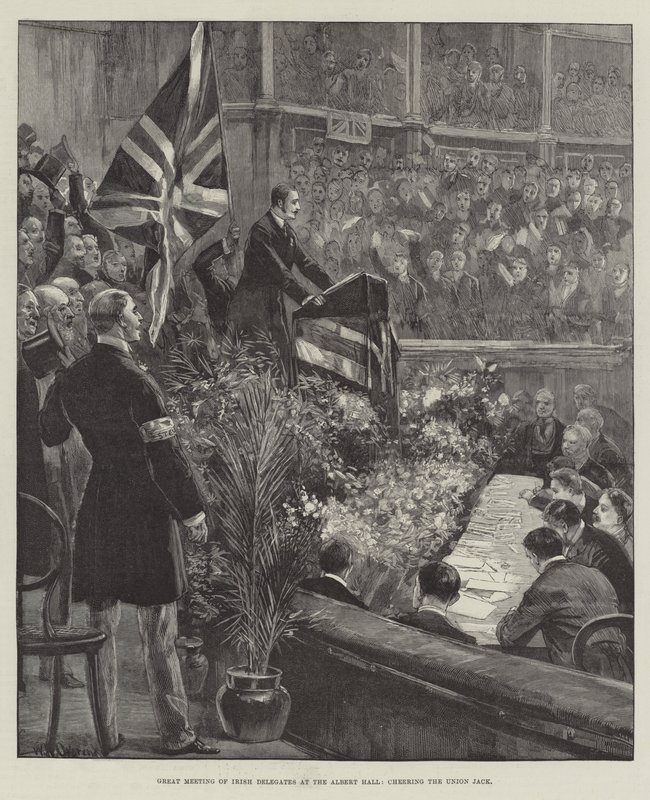 Stort møde for irske delegerede i Albert Hall, der hepper på Union Jack af William Heysham Overend
