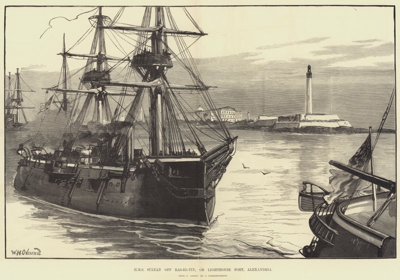 HMS Sultan ud for Ras-el-Tin, eller Lighthouse Fort, Alexandria af William Heysham Overend