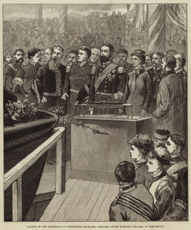 Lancering af Inflexible på Portsmouth Dockyard, Prinsesse Louise starter skibet med elektricitet af William Heysham Overend