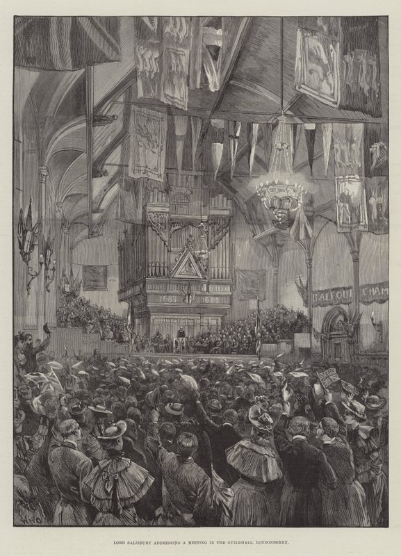 Lord Salisbury taler til et møde i Guildhall, Londonderry af William Heysham Overend