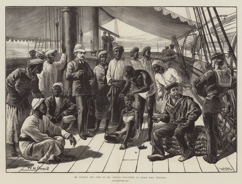 Stanley og nogle af hans afrikanske følgere om bord på HMS Industry af William Heysham Overend