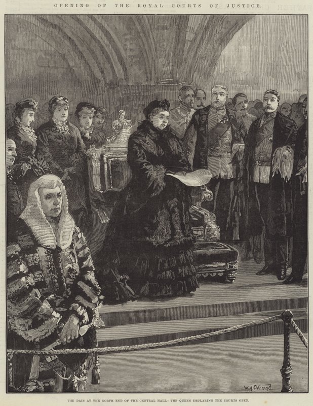 Åbning af Royal Courts of Justice, Dais i den nordlige ende af Central Hall, Dronningen erklærer domstolene åbne af William Heysham Overend