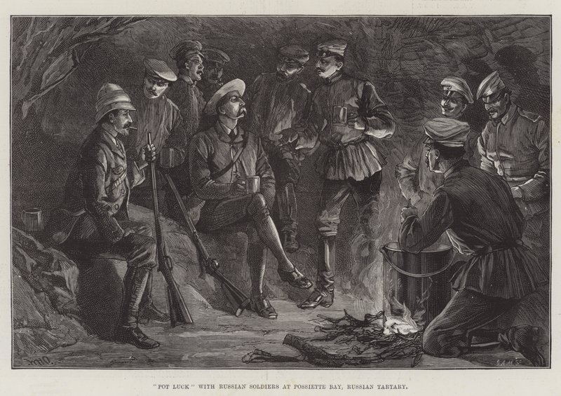 Pot Luck med russiske soldater ved Possiette Bay, Russian Tartary af William Heysham Overend