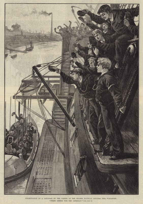 Præsentation af en redningsbåd af kadetterne fra Thames Nautical College Ship, Worcester, Tre jubel for redningsbåden! af William Heysham Overend