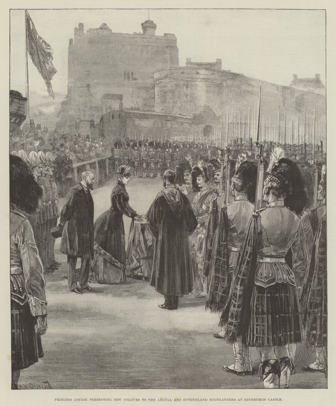 Prinsesse Louise overrækker nye faner til Argyll and Sutherland Highlanders på Edinburgh Castle af William Heysham Overend