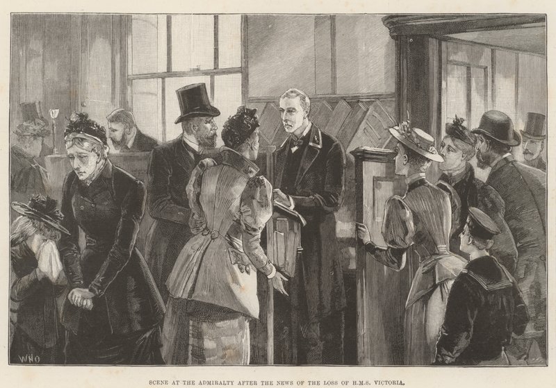 Scene ved Admiralitetet efter nyheden om tabet af HMS Victoria af William Heysham Overend