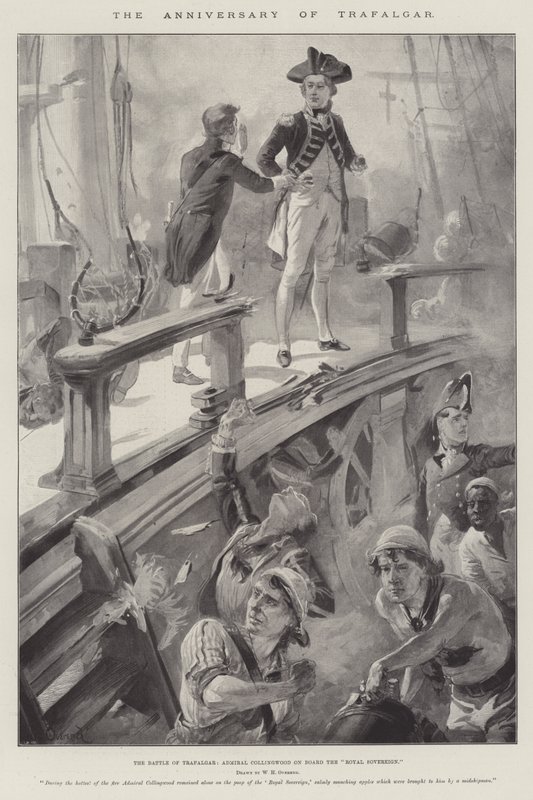 Årsdagen for Trafalgar, slaget ved Trafalgar, admiral Collingwood om bord på Royal Sovereign af William Heysham Overend