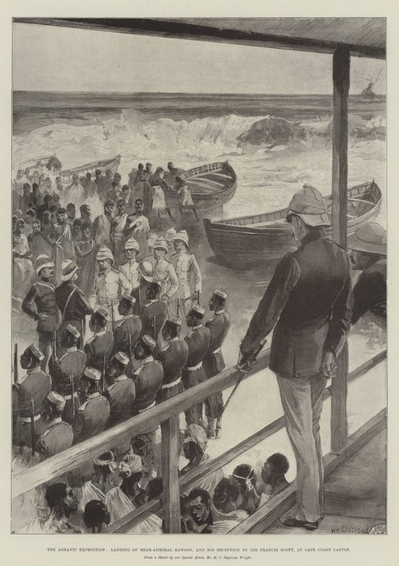 Ashanti-ekspeditionen, landing af kontreadmiral Rawson og hans modtagelse af Sir Francis Scott ved Cape Coast Castle af William Heysham Overend