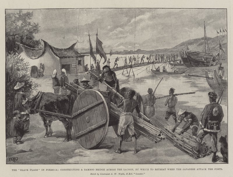 De sorte flag i Formosa, der bygger en bambusbro over lagunen, hvor de kan trække sig tilbage, når japanerne angriber fortet af William Heysham Overend