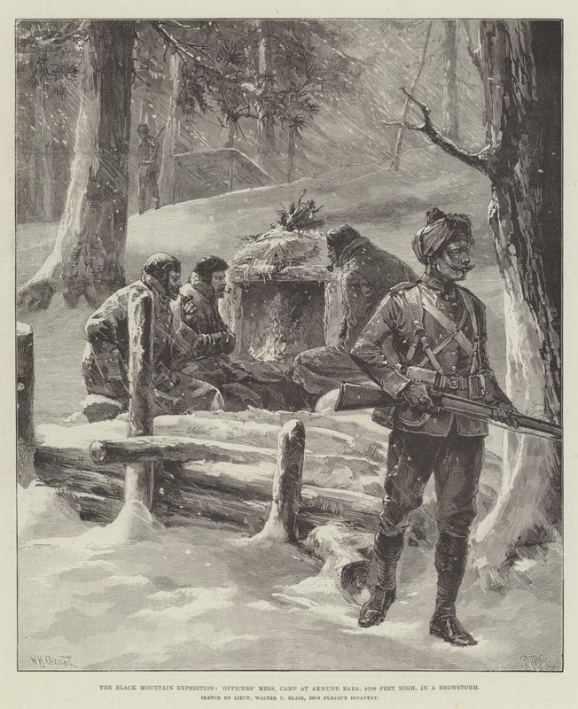The Black Mountain Expedition, Officers Mess, lejr ved Akhund Baba, 9100 fod høj, i en snestorm af William Heysham Overend