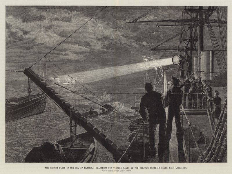 Den britiske flåde i Marmorahavet søger efter torpedobåde ved det elektriske lys om bord på HMS Agincourt af William Heysham Overend