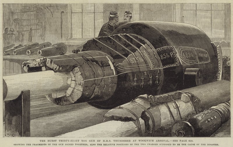 The Burst Thirty-Eight Ton Gun fra HMS Thunderer ved Woolwich Arsenal af William Heysham Overend
