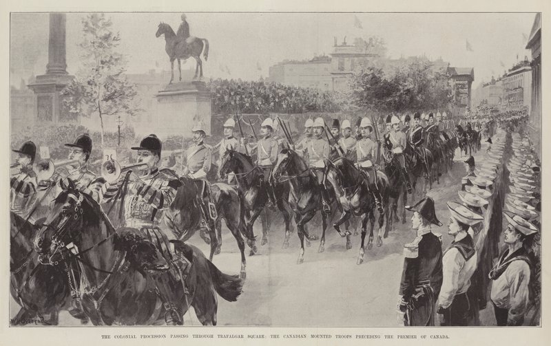 Den koloniale procession passerer gennem Trafalgar Square, de canadiske beredne tropper går forud for Canadas premier af William Heysham Overend