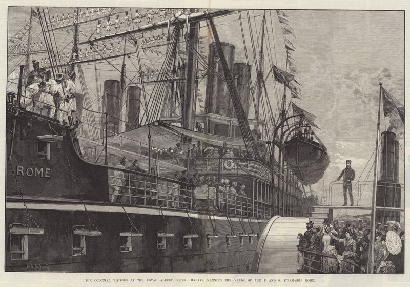 De koloniale besøgende ved Royal Albert Docks, malaysere, der bemander værfterne til P og O Steam-Ship Rom af William Heysham Overend