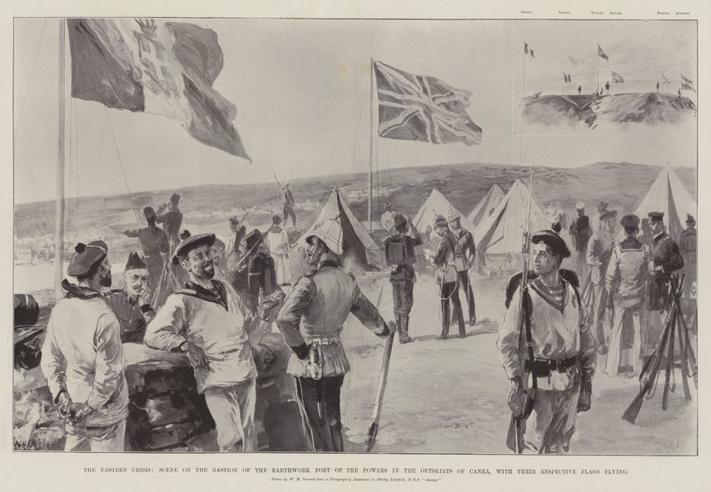 Den østlige krise, scene på bastionen af magternes jordarbejderfort i udkanten af Canea, med deres respektive flag vajende af William Heysham Overend