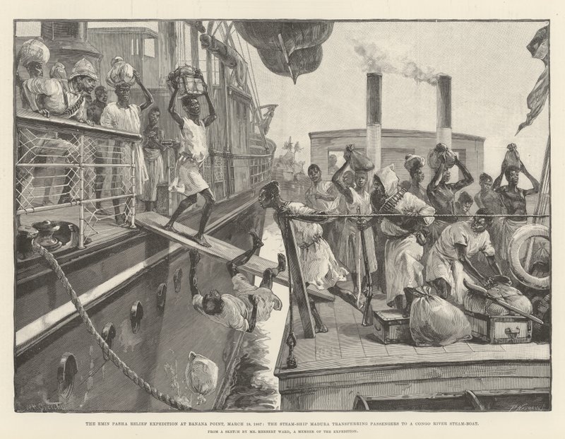 Emin Pasha nødhjælpsekspeditionen ved Banana Point, 18. marts 1887, dampskibet Madura overfører passagerer til en dampbåd fra Congofloden af William Heysham Overend
