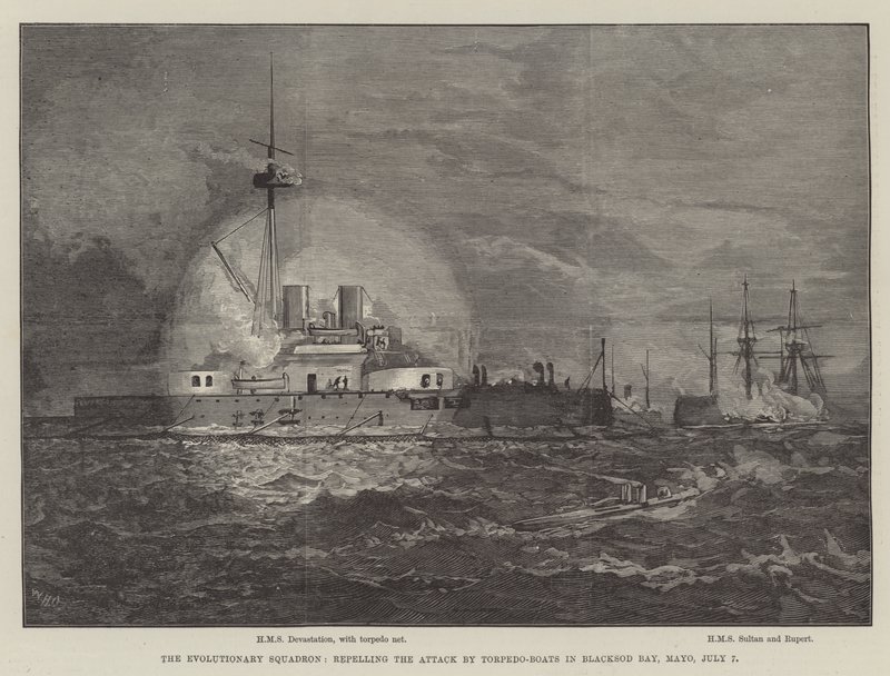Den evolutionære eskadron, der afviste angrebet fra torpedobåde i Blacksod Bay, Mayo, 7. juli af William Heysham Overend