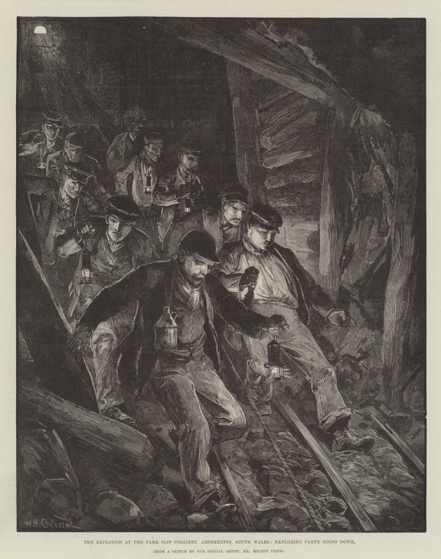 Eksplosionen i Park Slip Colliery, Aberkenfig, Sydwales, udforskning af en fest på vej ned af William Heysham Overend