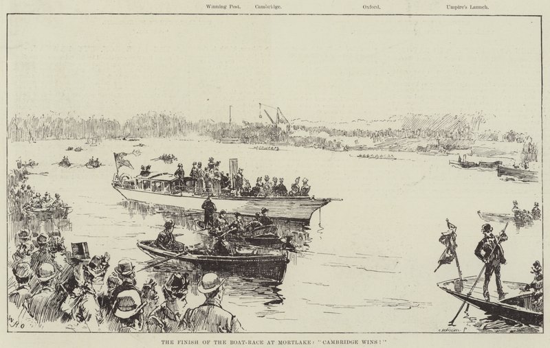 Afslutningen af bådkapløbet i Mortlake, Cambridge vinder! af William Heysham Overend