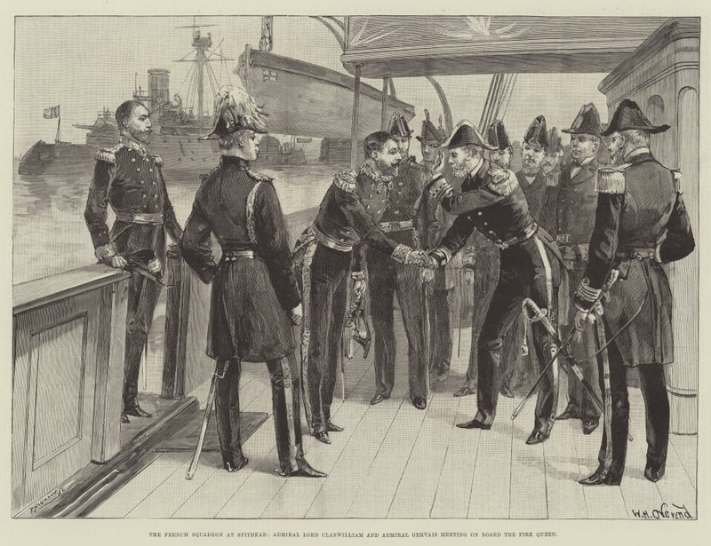 Den franske eskadron ved Spithead, admiral Lord Clanwilliam og admiral Gervais mødes om bord på branddronningen af William Heysham Overend