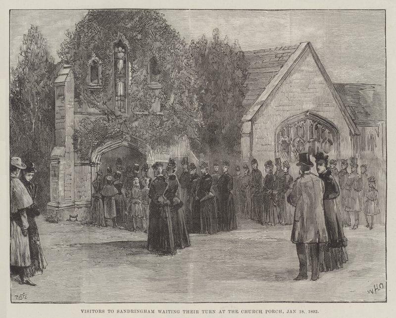 Begravelsen af den afdøde hertug af Clarence og Avondale, besøgende i Sandringham venter på deres tur ved Church Porch, 18. januar 1892 af William Heysham Overend