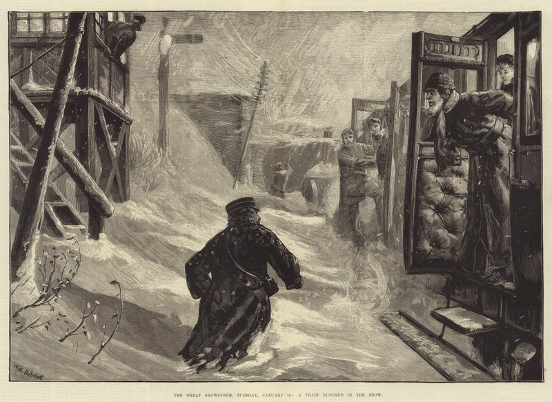 Den store snestorm, tirsdag den 18. januar, et tog blokeret i sneen af William Heysham Overend