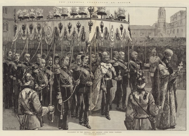 Den kejserlige kroning i Moskva, procession af kejser og kejserinde efter at være blevet kronet af William Heysham Overend