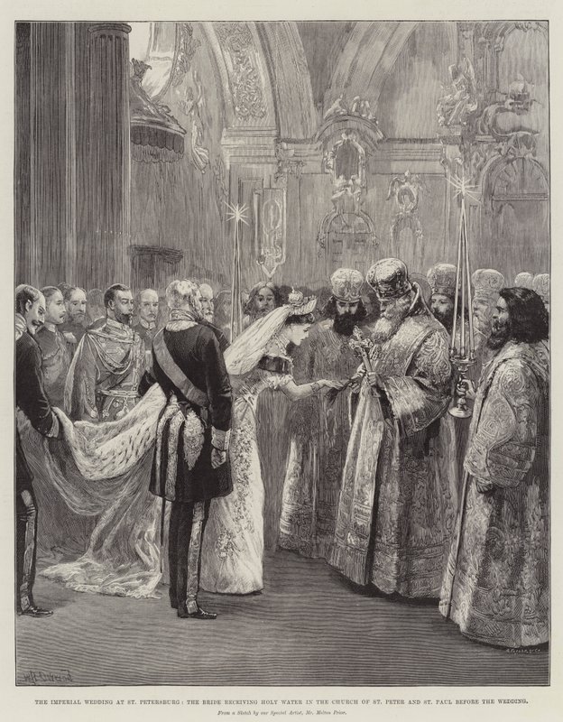 Det kejserlige bryllup i Sankt Petersborg, hvor bruden modtager vievand i Peters- og Paulskirken før brylluppet af William Heysham Overend