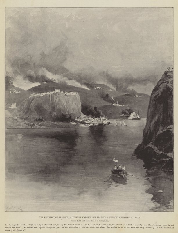 Opstanden på Kreta, et tyrkisk krigsskib ud for Platanias, der beskyder kristne landsbyer af William Heysham Overend