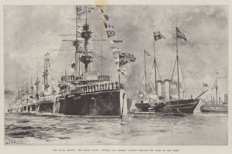 Naval Review, Royal Yacht Victoria og Albert passerer gennem flådens linjer af William Heysham Overend