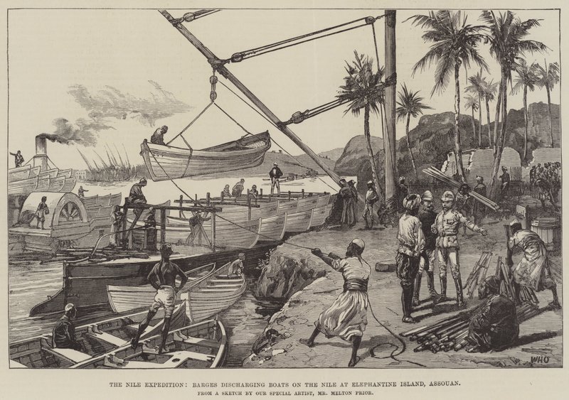 Nilekspeditionen, pramme, der losser både på Nilen ved Elephantine Island, Assouan af William Heysham Overend